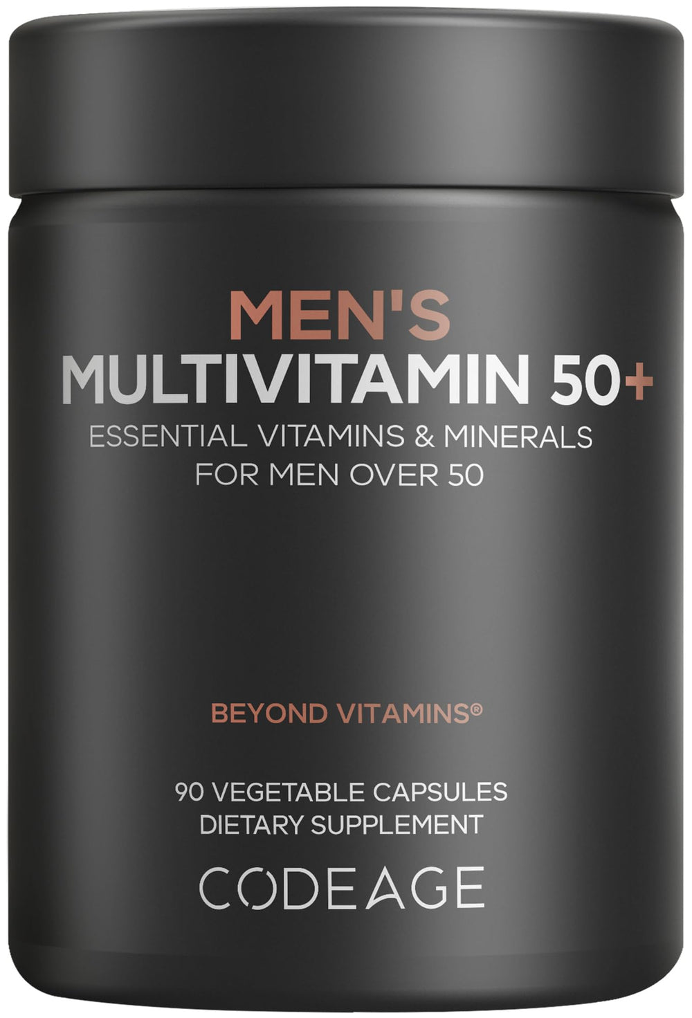 Codeage Men’s Multivitamin 50+ bottle front supports daily wellness for men over 50.