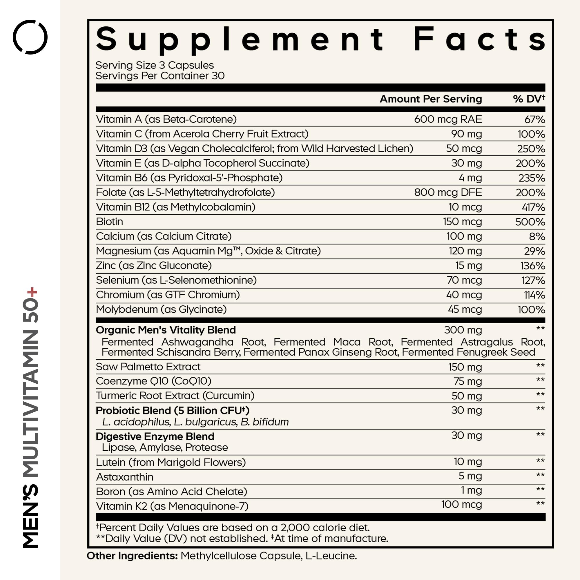 Codeage Men’s Multivitamin 50+ capsules close-up highlighting core vitamins for daily vitality.