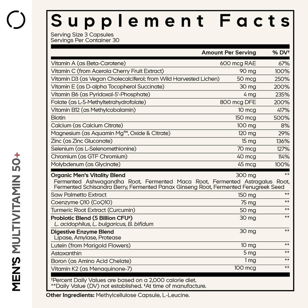 Codeage Men’s Multivitamin 50+ capsules close-up highlighting core vitamins for daily vitality.