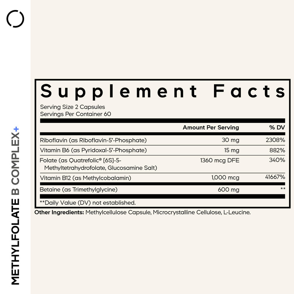 Codeage Methylfolate B Complex capsules inside bottle, ready for daily use.