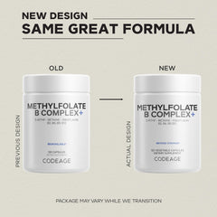 Codeage Methylfolate B Complex label close-up showing 5-MTHF and B vitamins.