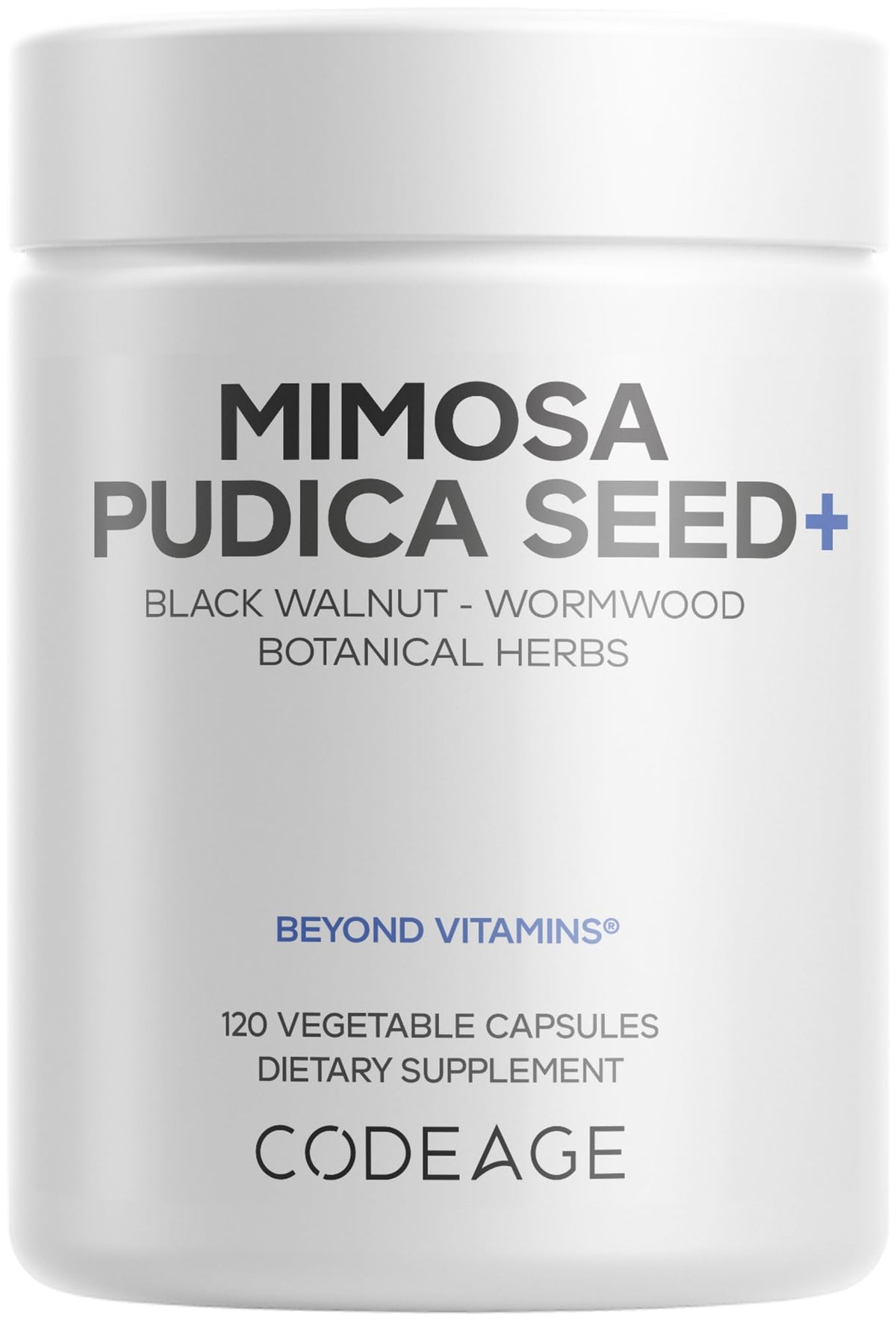 Codeage Mimosa Pudica Seed capsules label highlights organic ingredients and vegan formula for daily use.