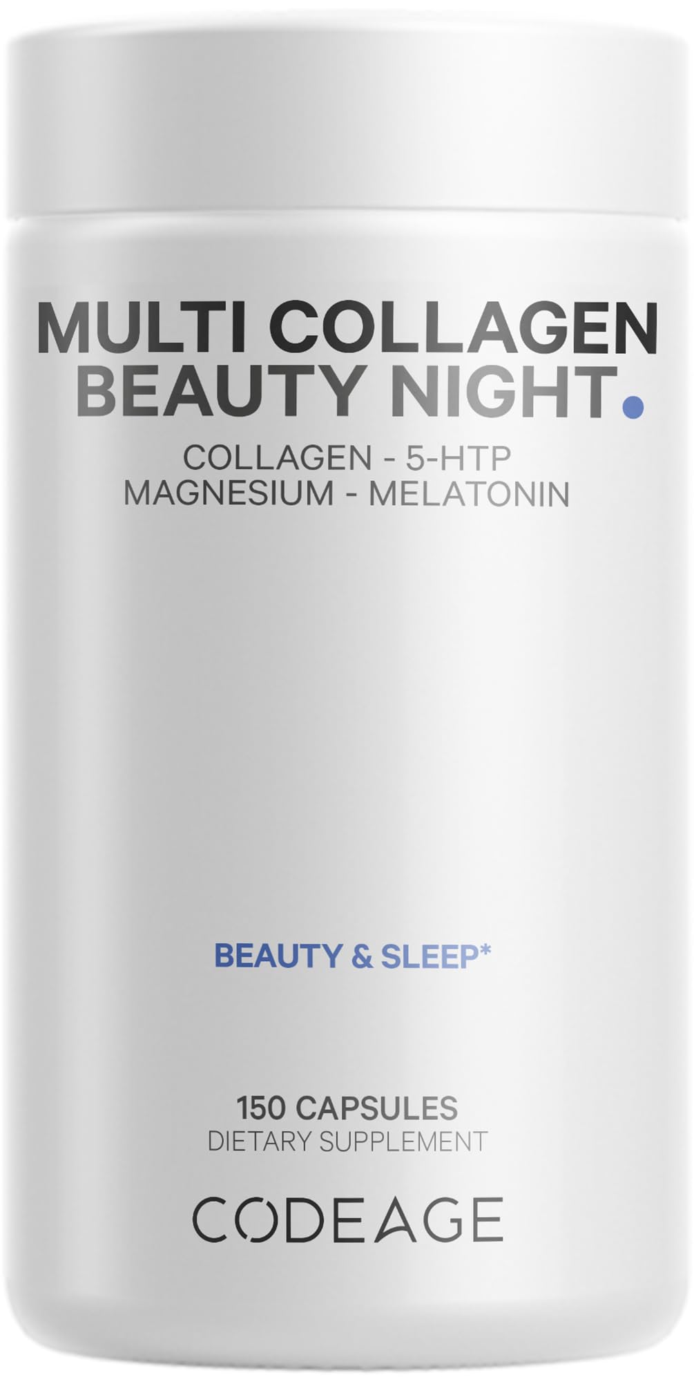 Codeage Multi Collagen Beauty Night bottle front highlighting five collagen sources for skin support.