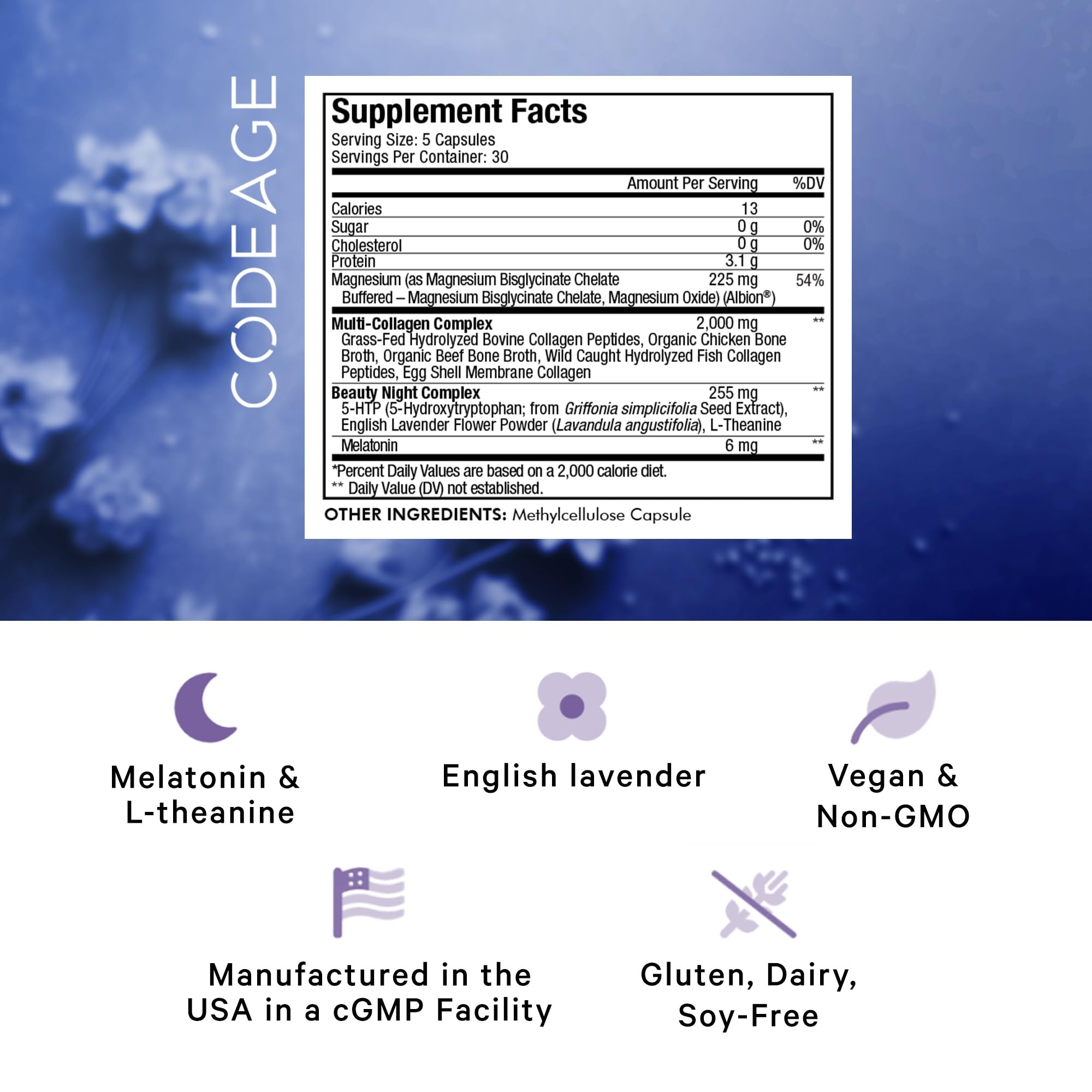 Codeage Beauty Night label close-up with melatonin and lavender accents.