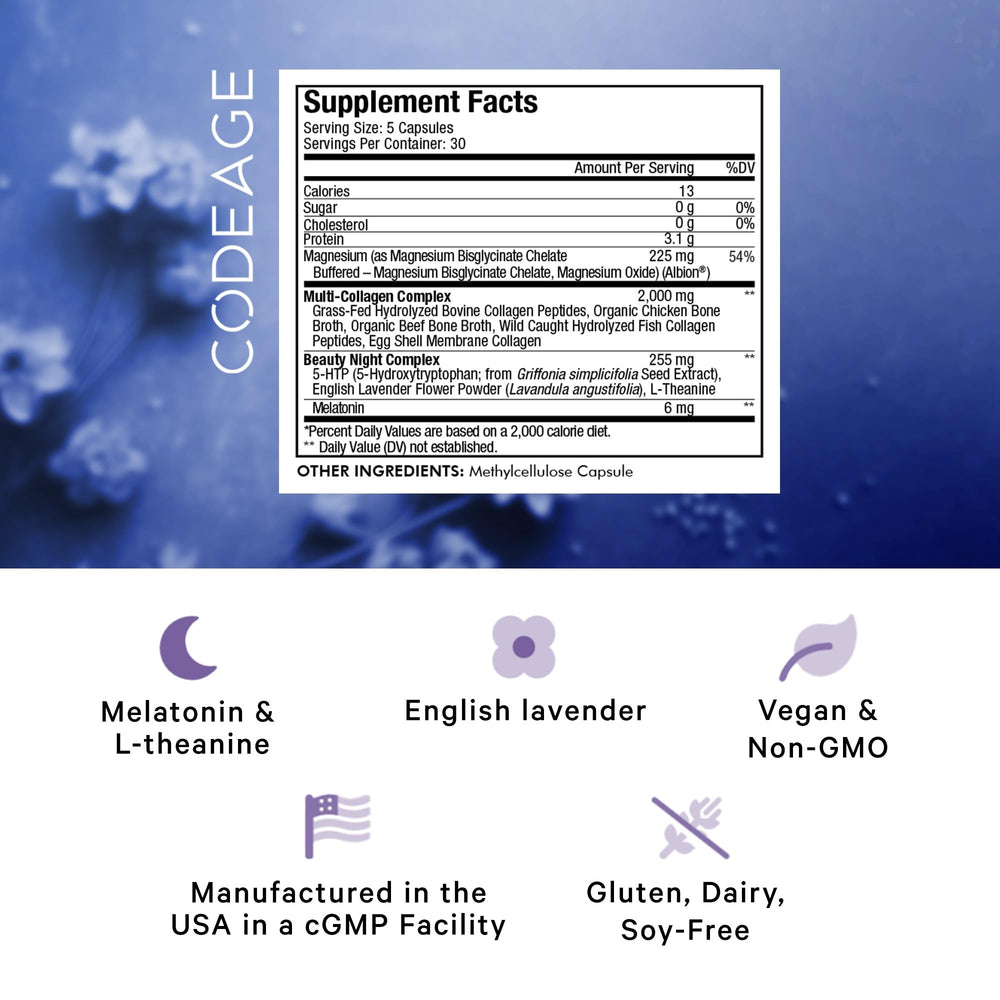 Codeage Beauty Night label close-up with melatonin and lavender accents.
