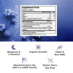 Codeage Beauty Night label close-up with melatonin and lavender accents.