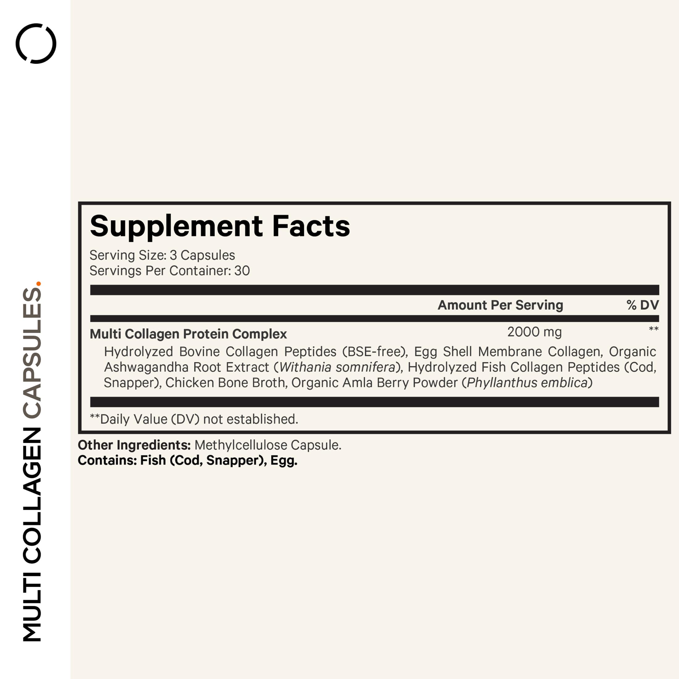 Codeage Multi Collagen capsules closeup highlighting easy-to-swallow capsules