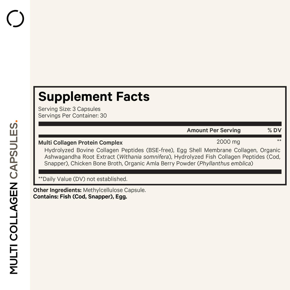 Codeage Multi Collagen capsules closeup highlighting easy-to-swallow capsules