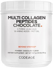 Codeage Multi Collagen Chocolate bottle showing a five-type blend for daily use