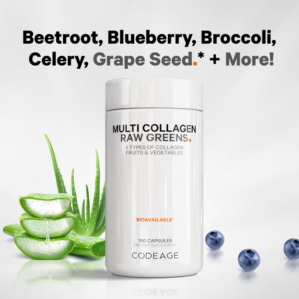 Codeage Multi Collagen Raw Greens organic greens blend close-up highlights superfoods