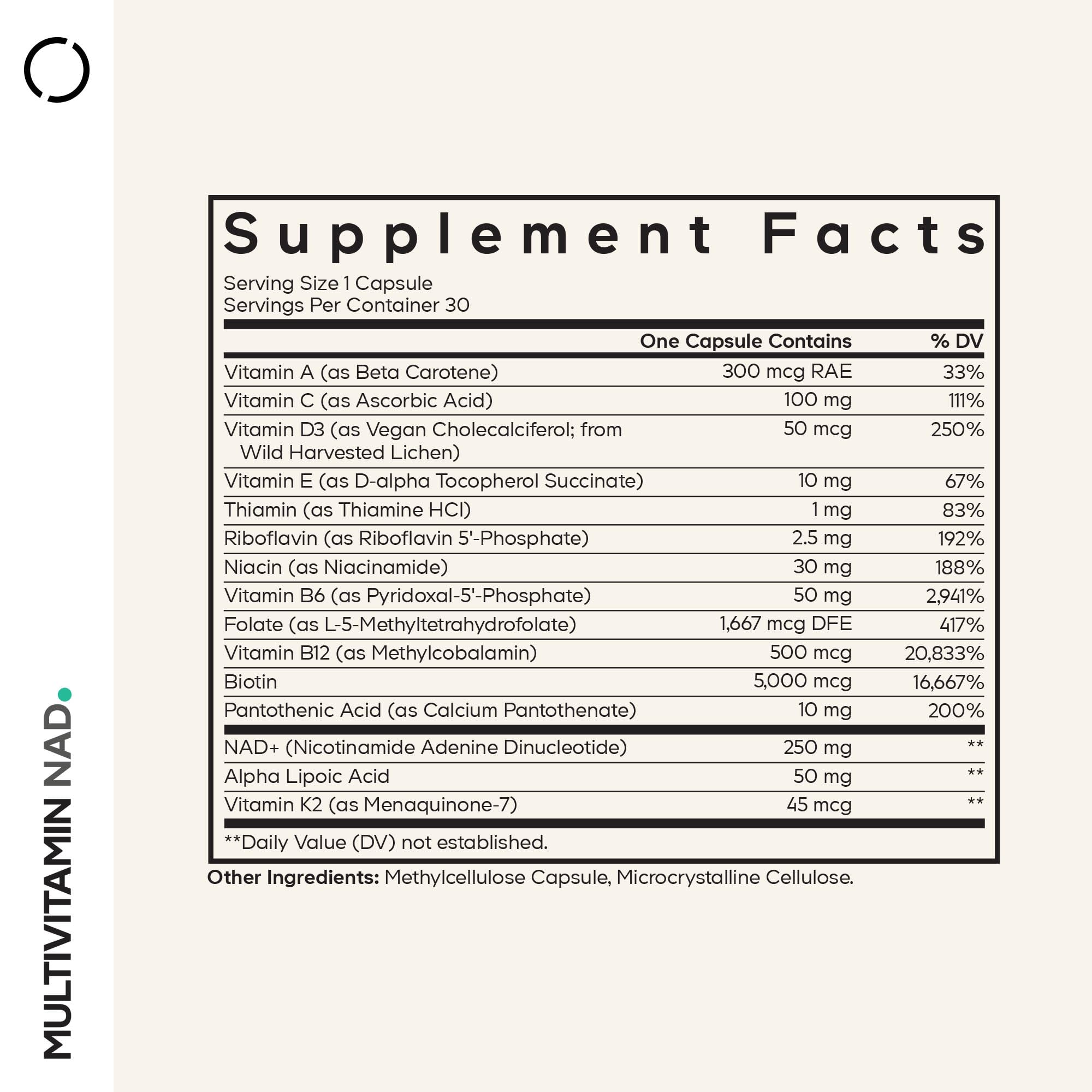 Codeage Multivitamin NAD capsules close-up highlighting methylated B12 folate