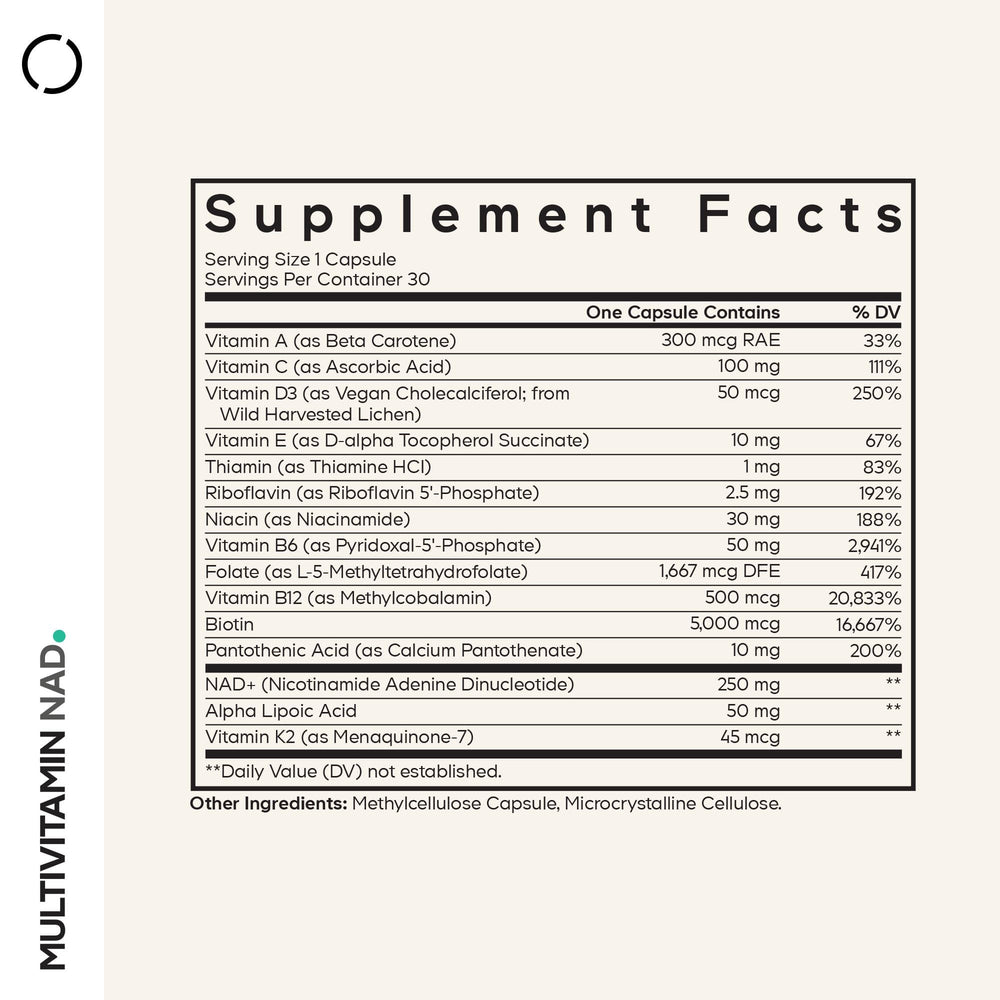 Codeage Multivitamin NAD capsules close-up highlighting methylated B12 folate