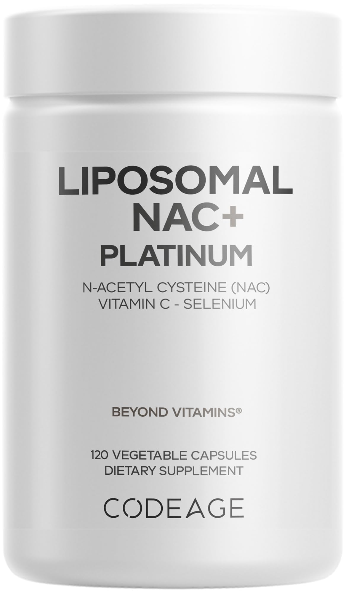 Codeage Liposomal NAC+ Platinum bottle front for daily wellness.