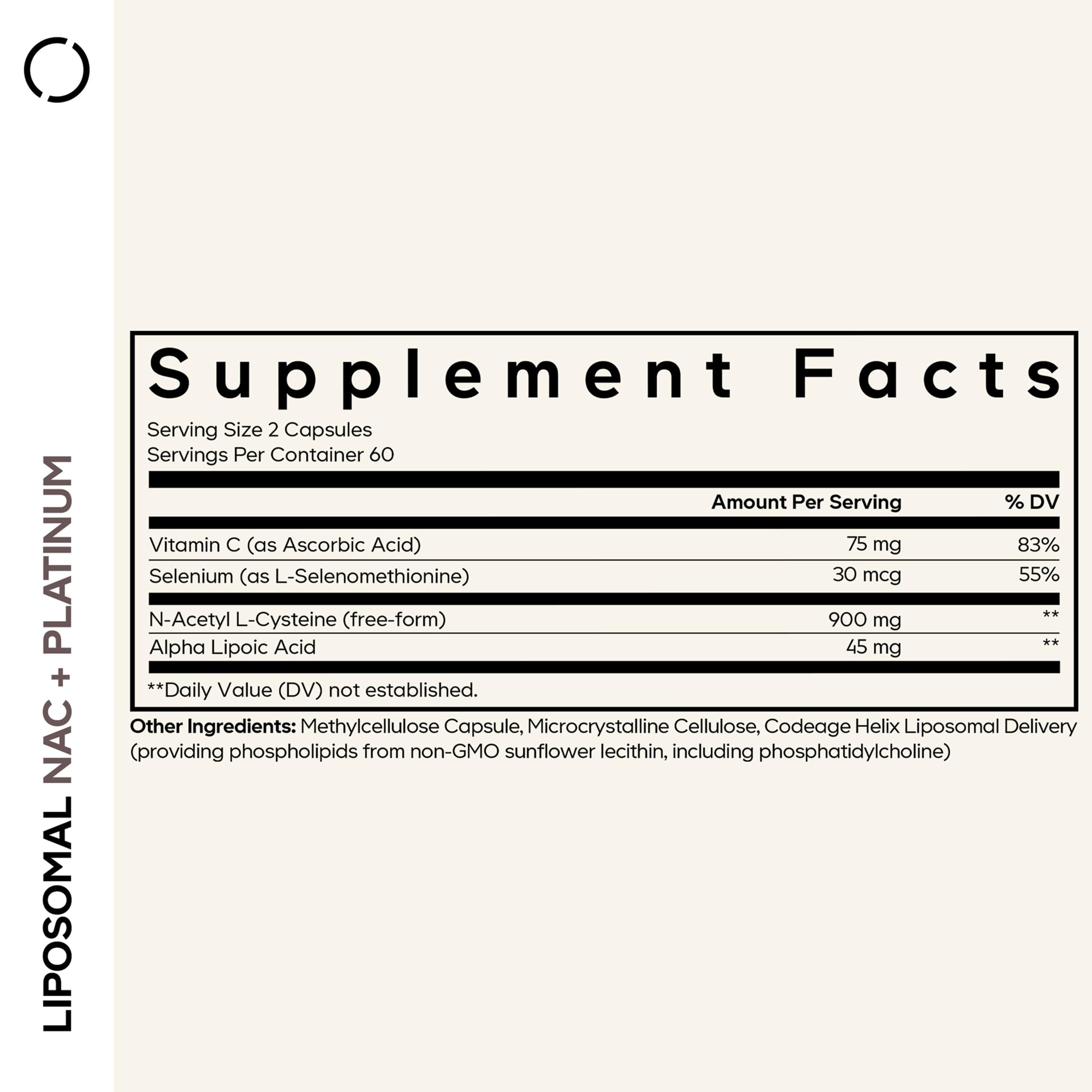 Codeage Liposomal NAC+ Platinum bottle side shows packaging details.