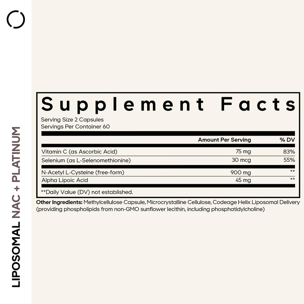Codeage Liposomal NAC+ Platinum bottle side shows packaging details.