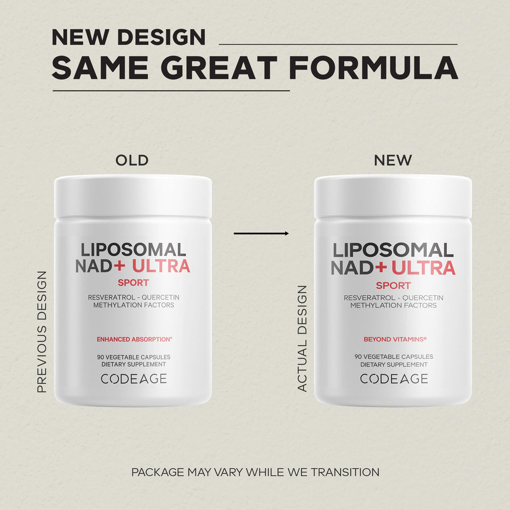 Codeage Liposomal NAD+ label detail showing liposomal delivery technology.