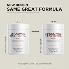 Codeage Liposomal NAD+ label detail showing liposomal delivery technology.