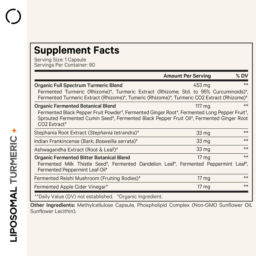 Codeage Organic Turmeric bottle back lists ingredients and the fermented blend.