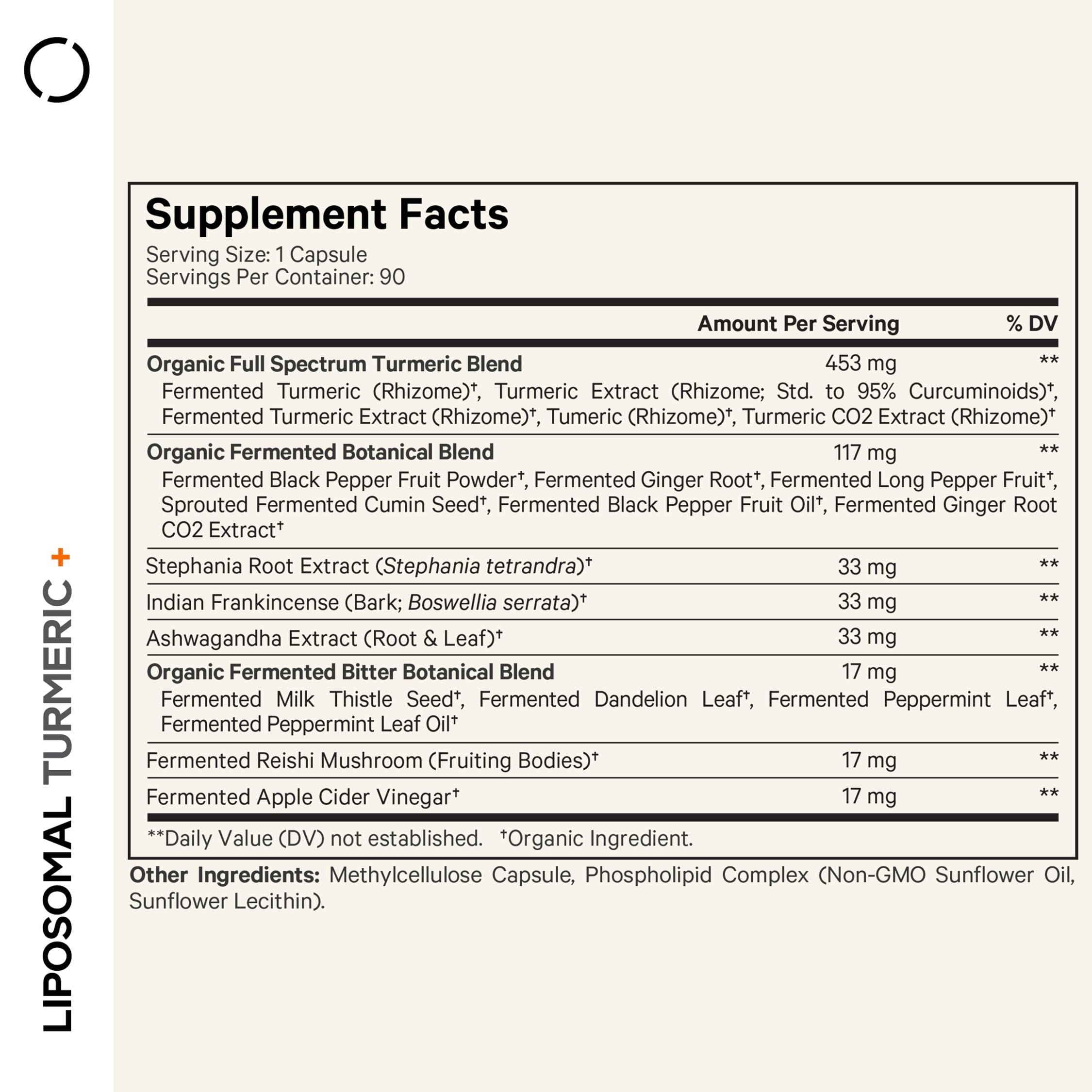 Codeage Organic Turmeric bottle label with 95% curcumin and fermentation notes