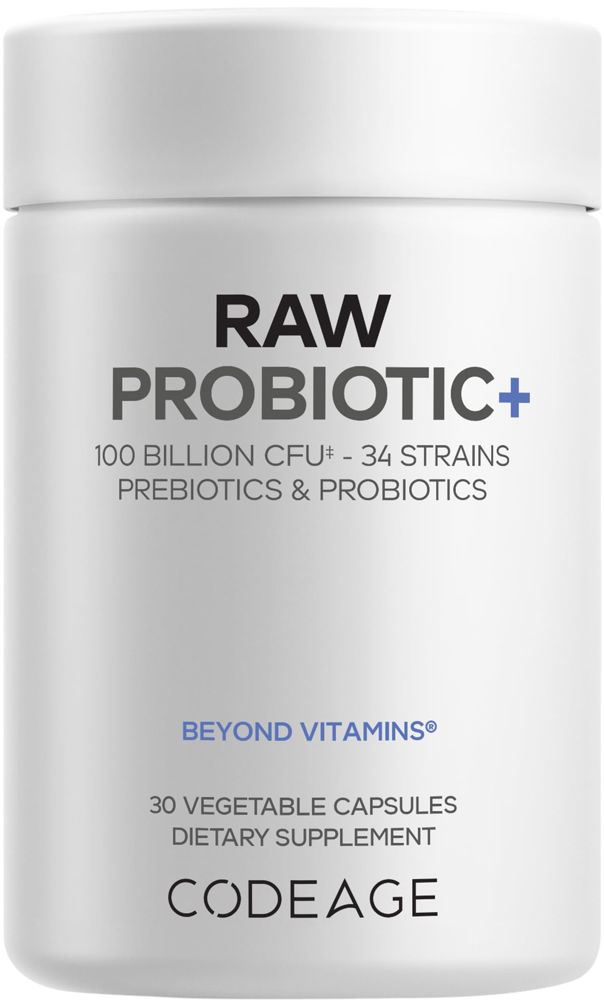 Codeage Raw Probiotic+ bottle front for daily digestive balance