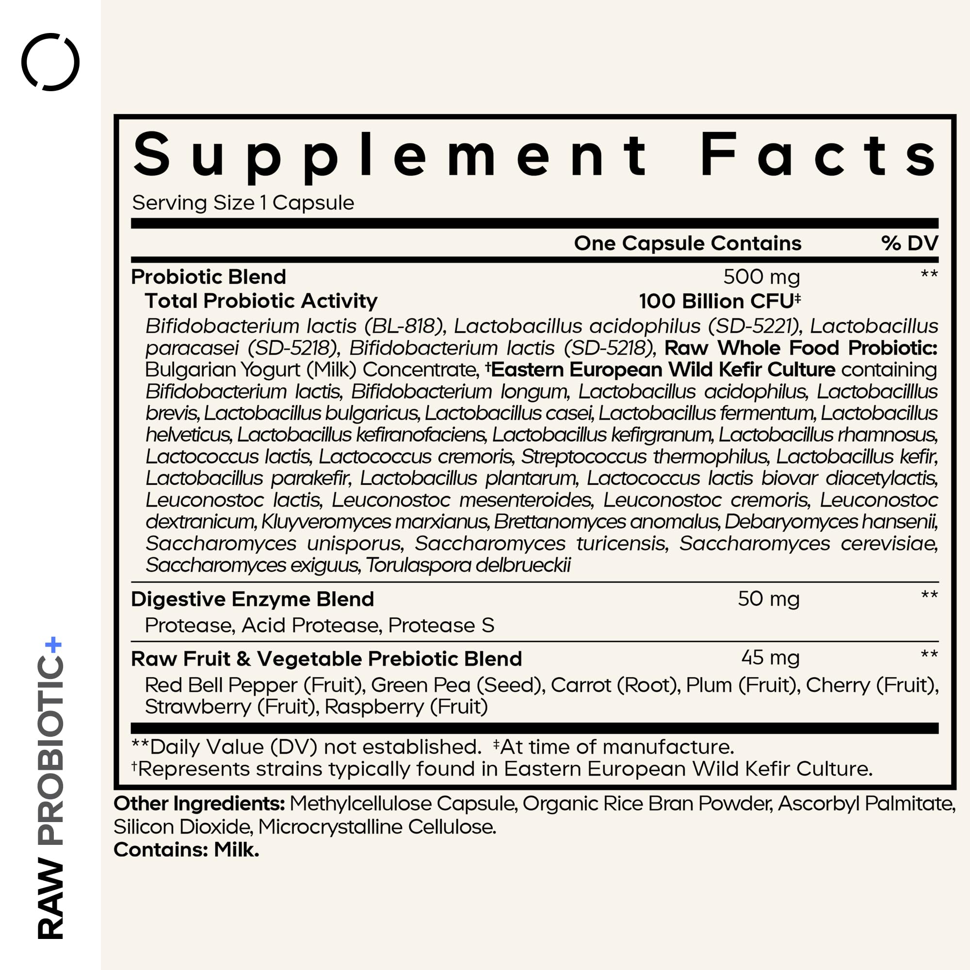 Codeage Raw Probiotic+ capsules close-up showing convenient daily capsules