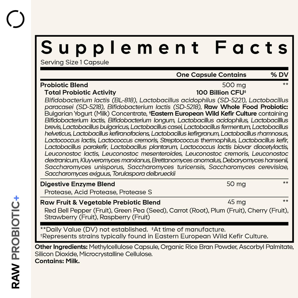 Codeage Raw Probiotic+ capsules close-up showing convenient daily capsules