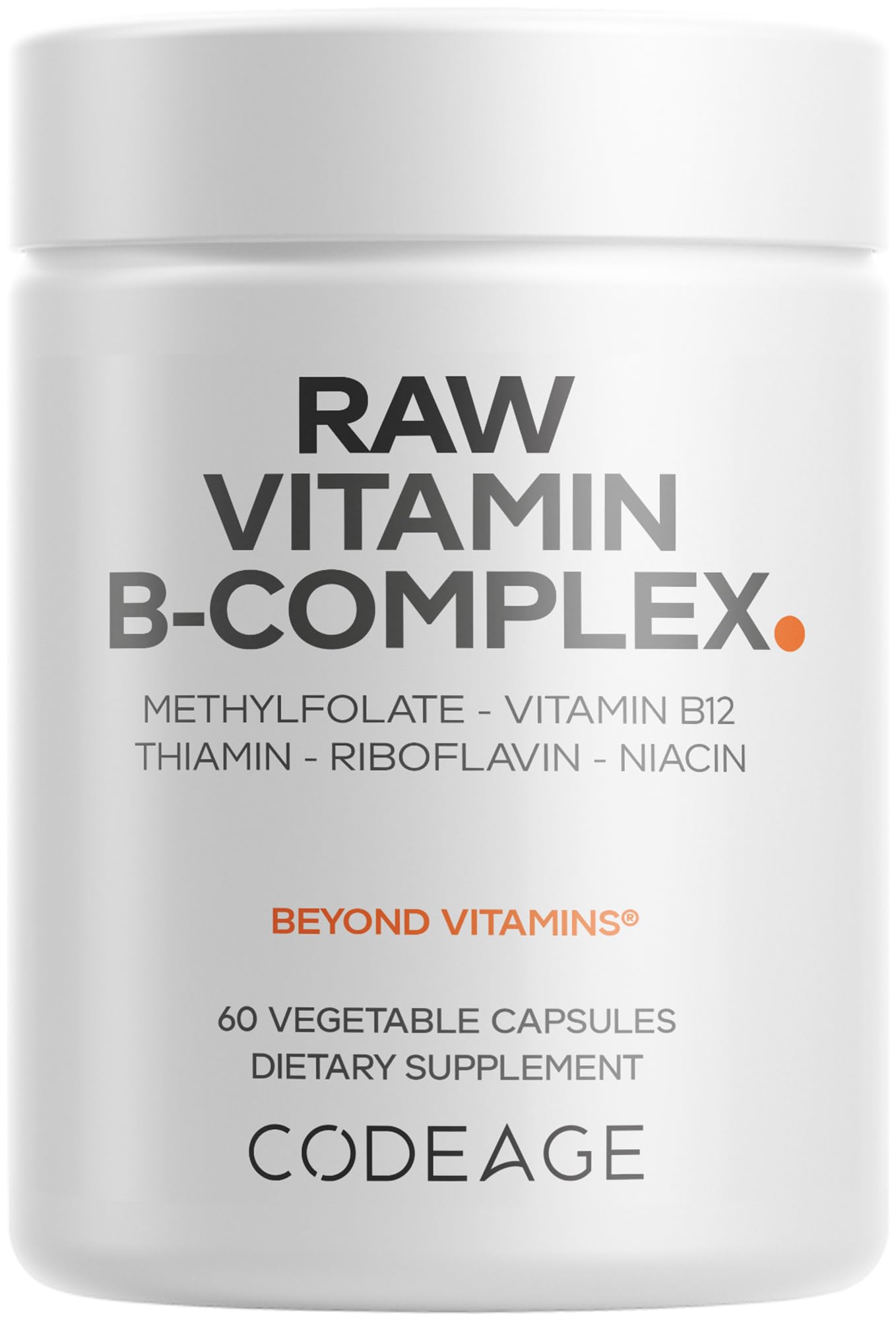 Codeage Raw Vitamin B-Complex bottle and capsules for daily energy support.