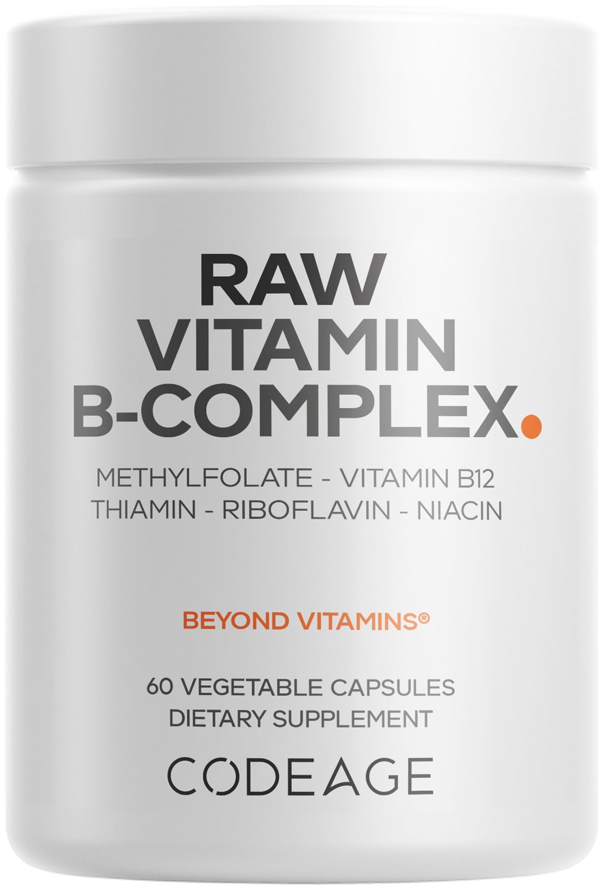 Codeage Raw Vitamin B-Complex bottle and capsules for daily energy support.