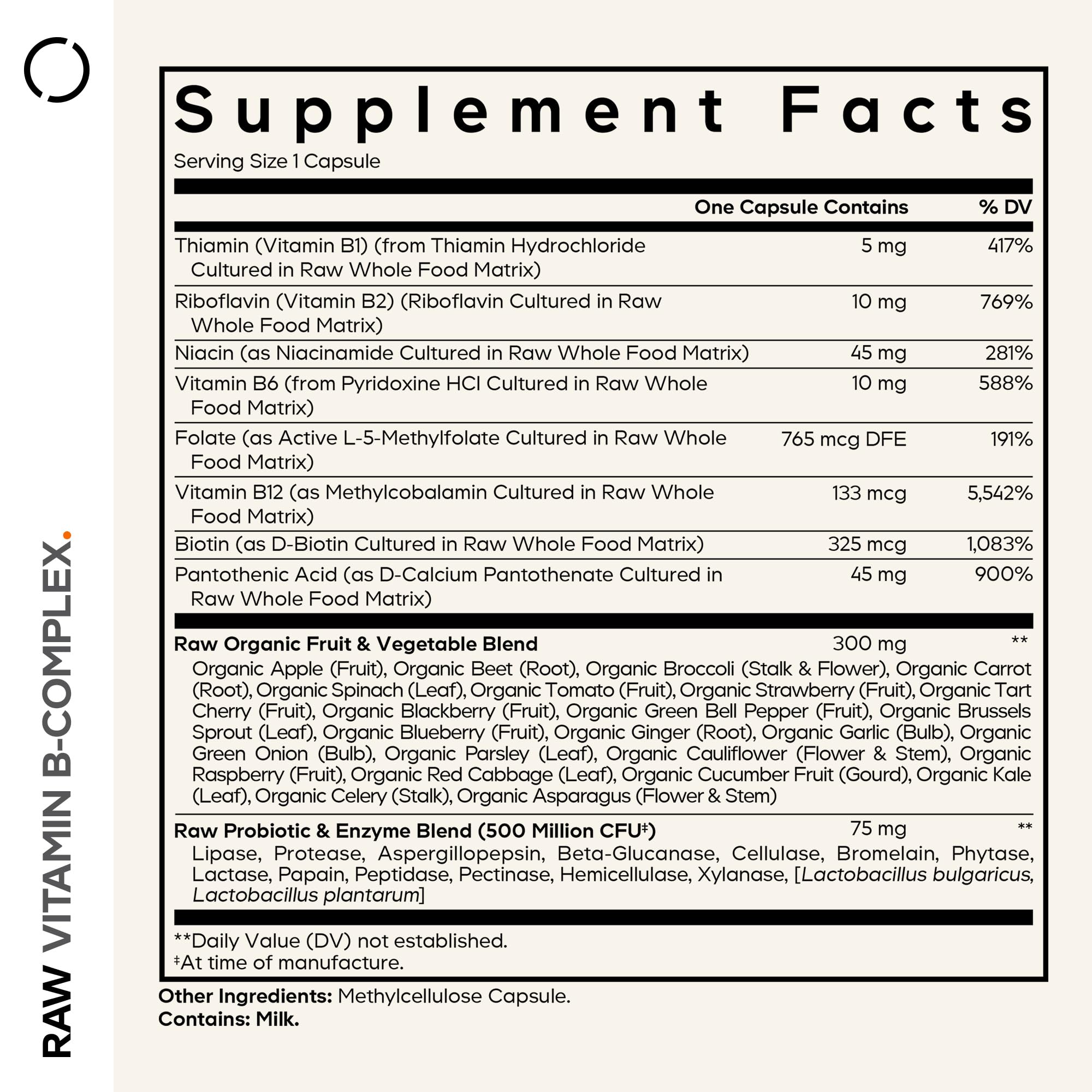 Close-up of Codeage Raw Vitamin B-Complex capsules highlighting probiotic blend.