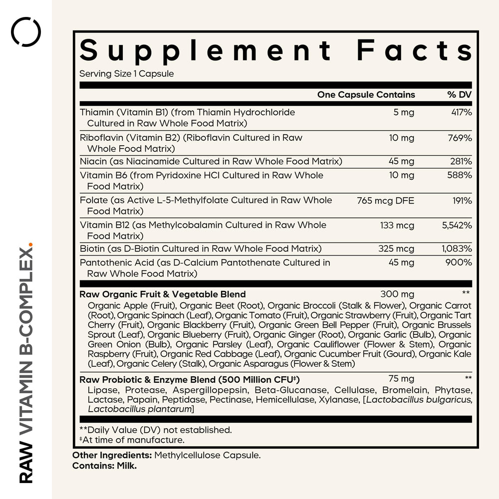 Close-up of Codeage Raw Vitamin B-Complex capsules highlighting probiotic blend.