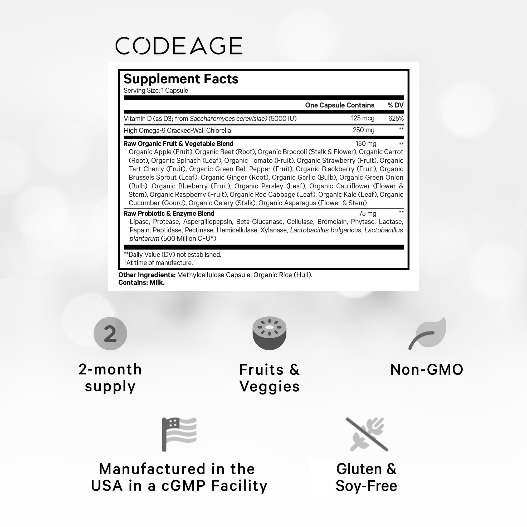 Codeage Raw Vitamin D3+ bottle back reveals full ingredient list and whole-food blend