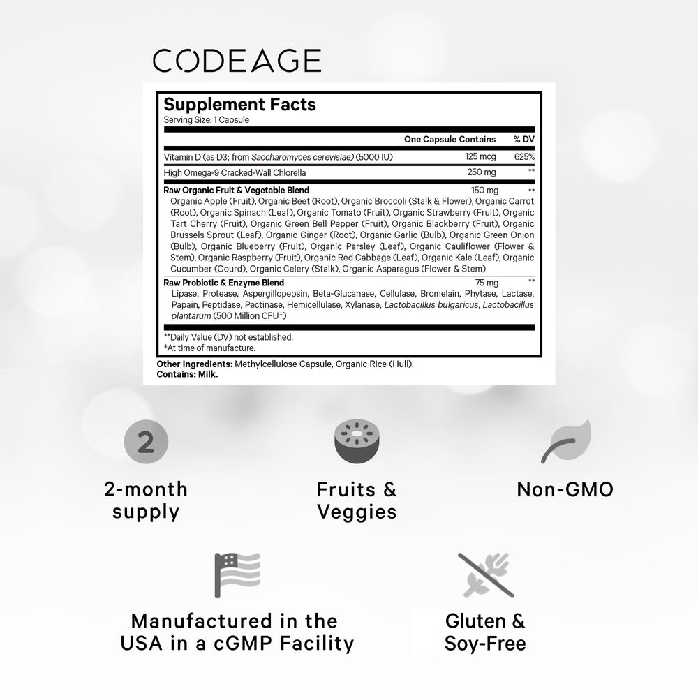 Codeage Raw Vitamin D3+ bottle back reveals full ingredient list and whole-food blend