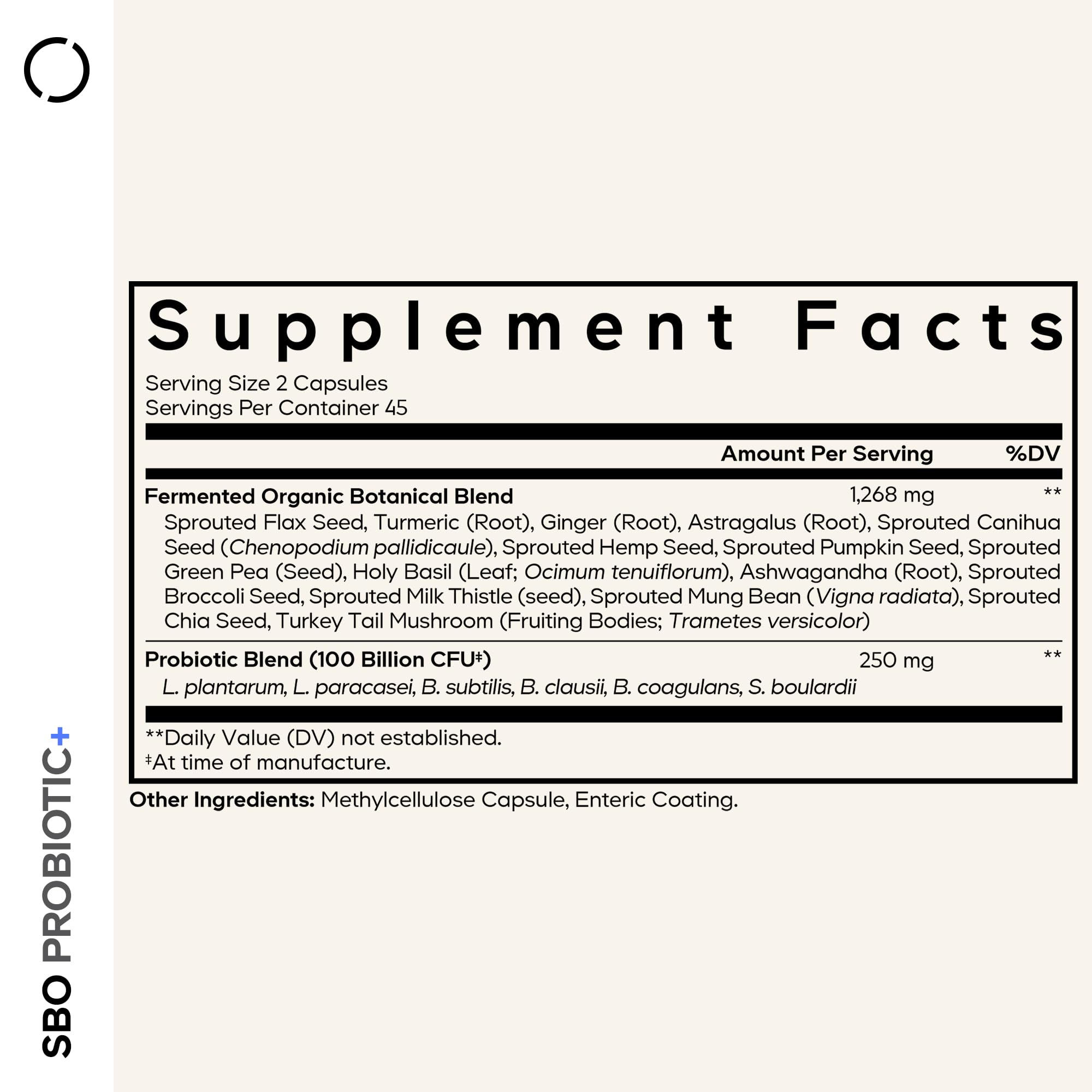 Codeage SBO Probiotic capsules closeup highlighting vegan, non-GMO capsules for daily use