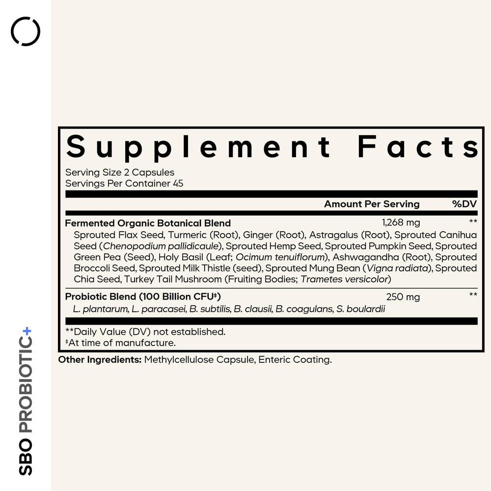 Codeage SBO Probiotic capsules closeup highlighting vegan, non-GMO capsules for daily use