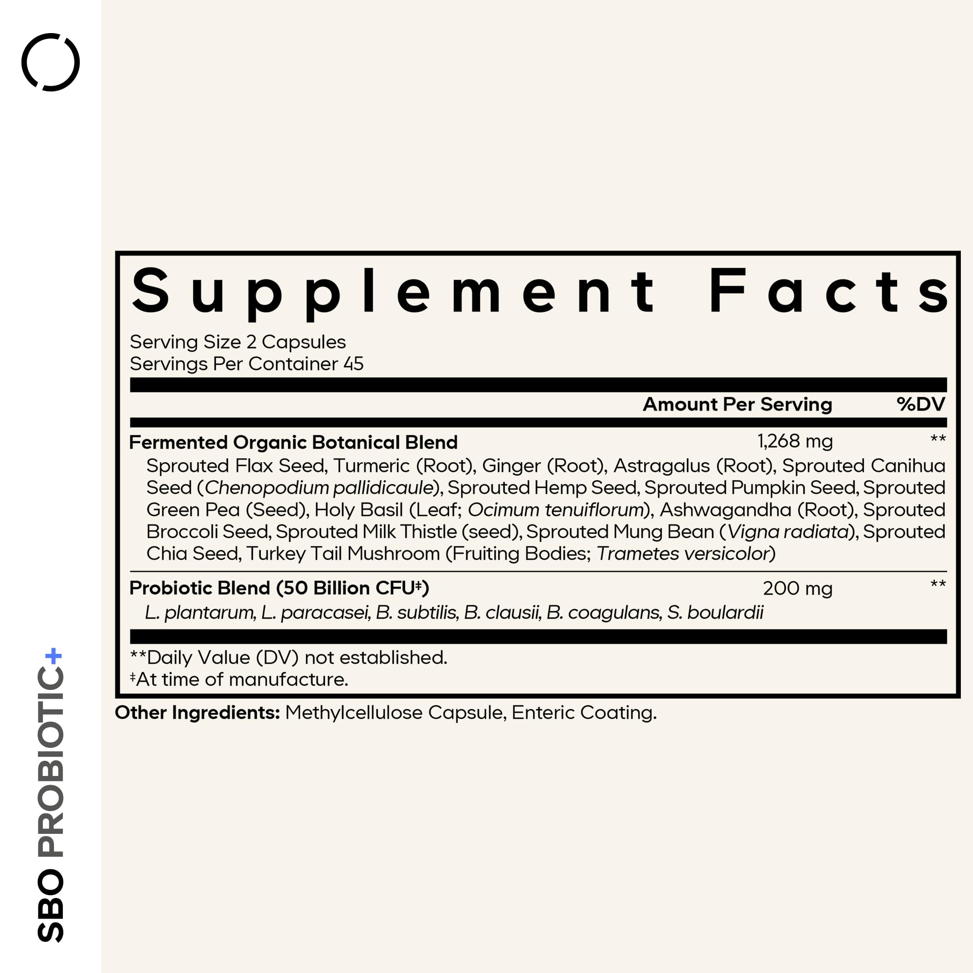 Codeage SBO Probiotic capsules with six strains for broad digestive wellness.