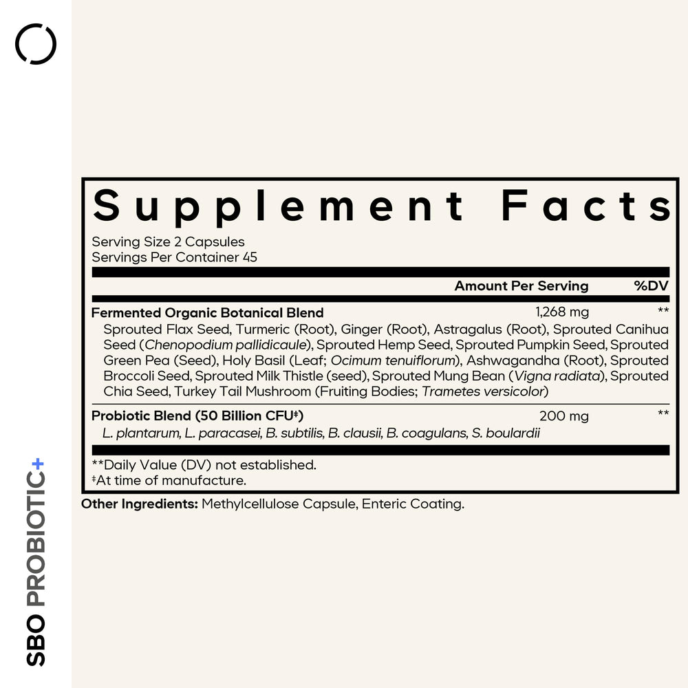 Codeage SBO Probiotic capsules with six strains for broad digestive wellness.