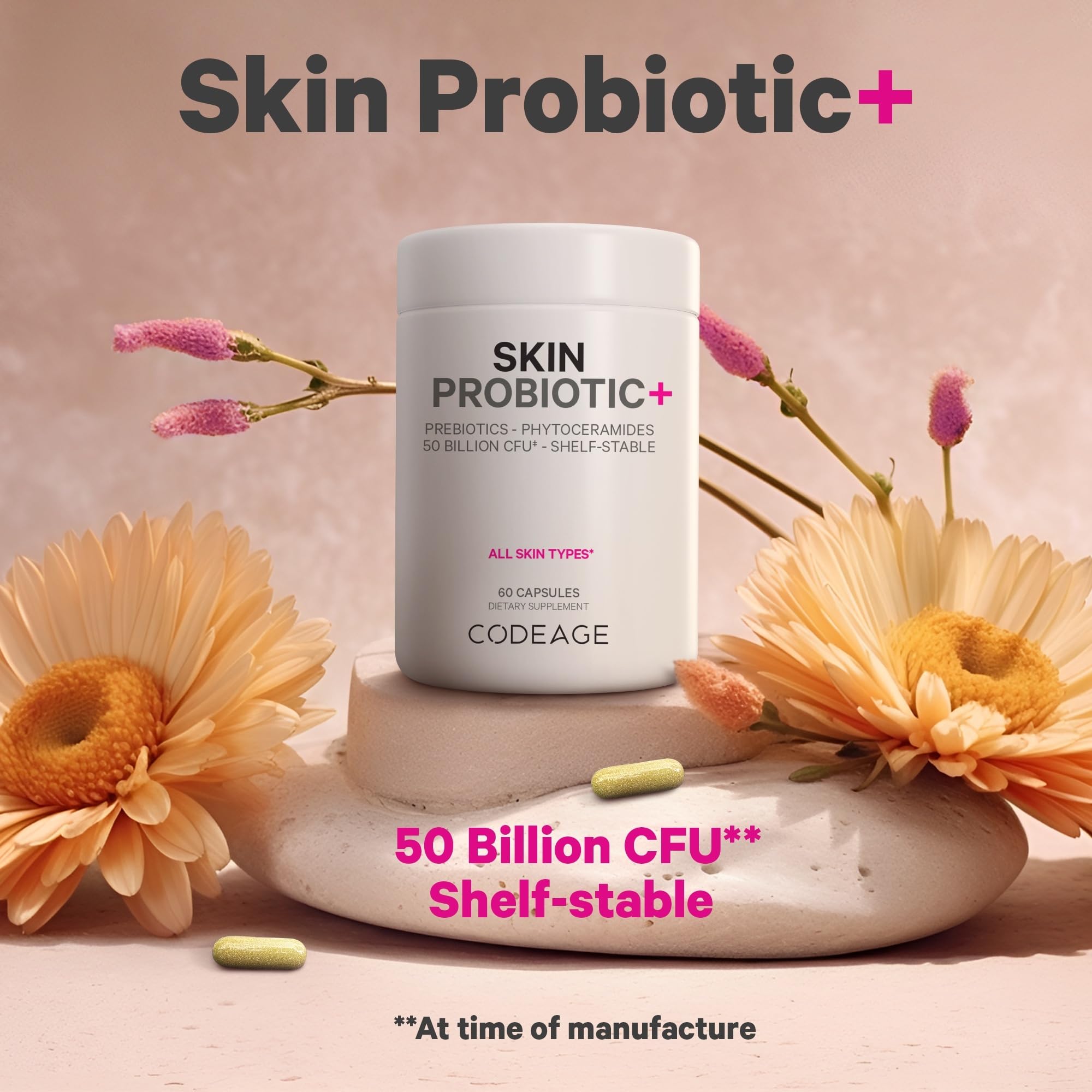 Codeage Skin Probiotics bottle label detail highlighting shelf-stable formula.