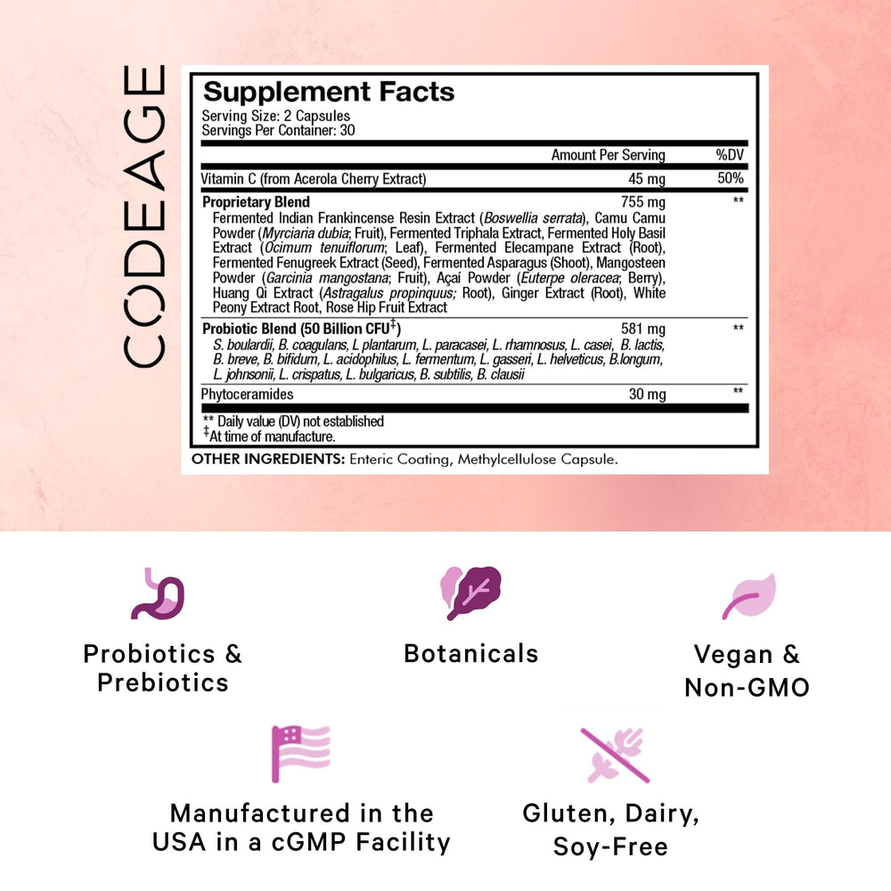 Closeup of Codeage Skin Probiotics capsules for convenient daily use.