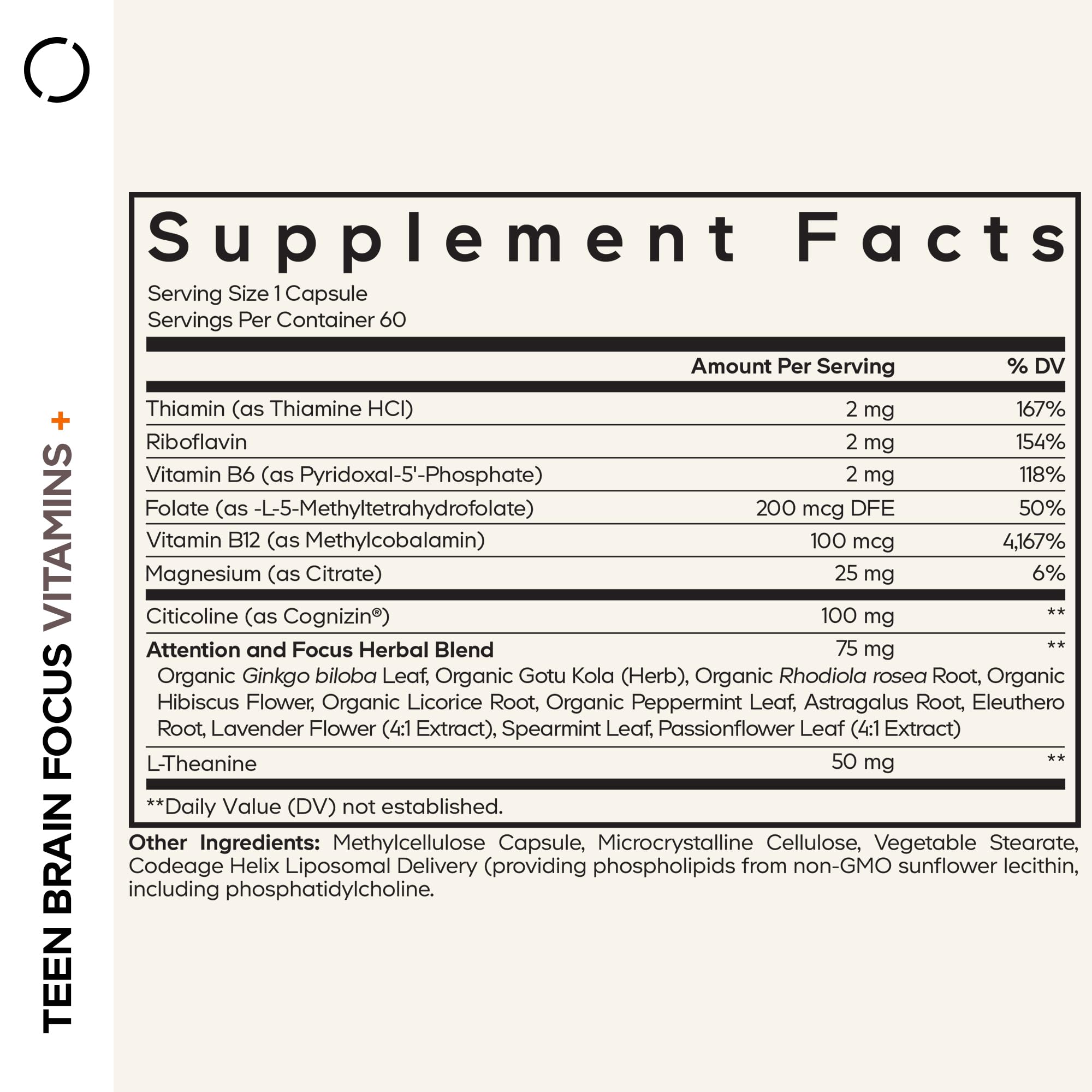 Codeage Teen Brain Focus bottle back highlights ingredients and teen-friendly benefits.