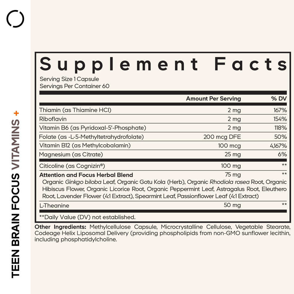 Codeage Teen Brain Focus bottle back highlights ingredients and teen-friendly benefits.
