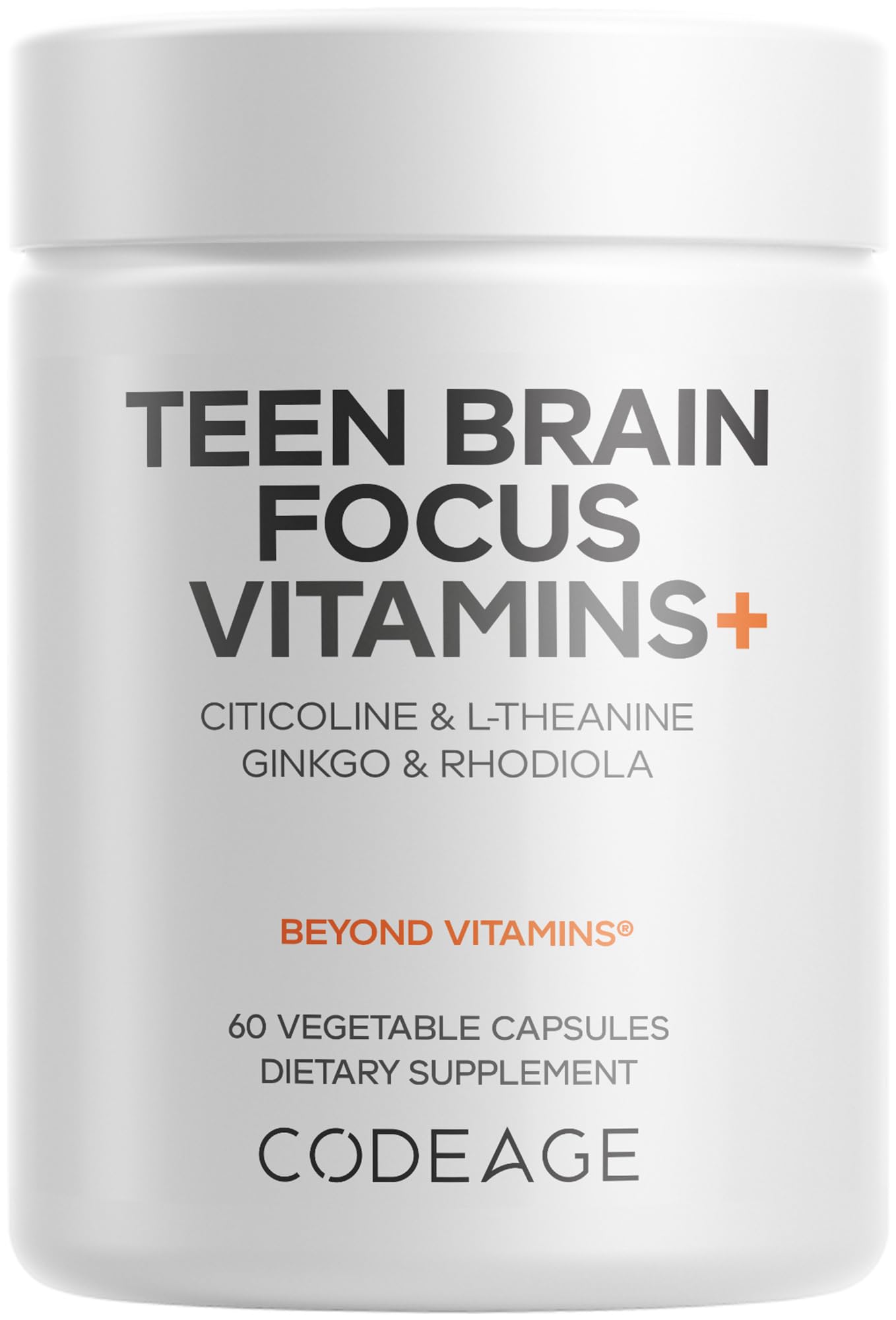 Codeage Teen Brain Focus bottle front supports daily teen focus during homework.
