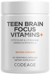 Codeage Teen Brain Focus bottle front supports daily teen focus during homework.