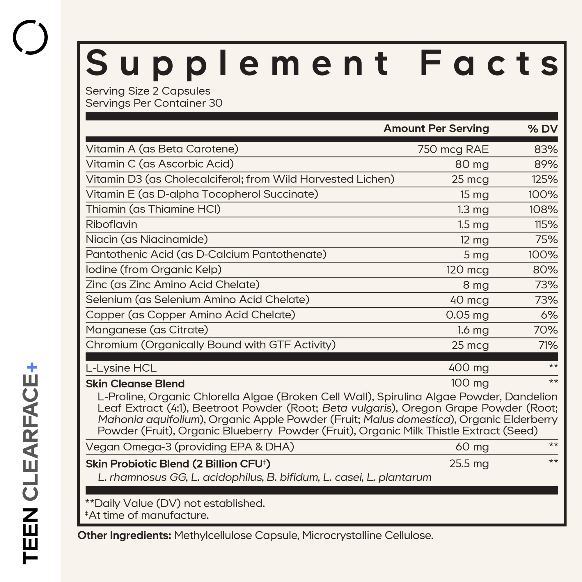 Codeage Teen Clearface capsules close up illustrating teen vitamin skincare
