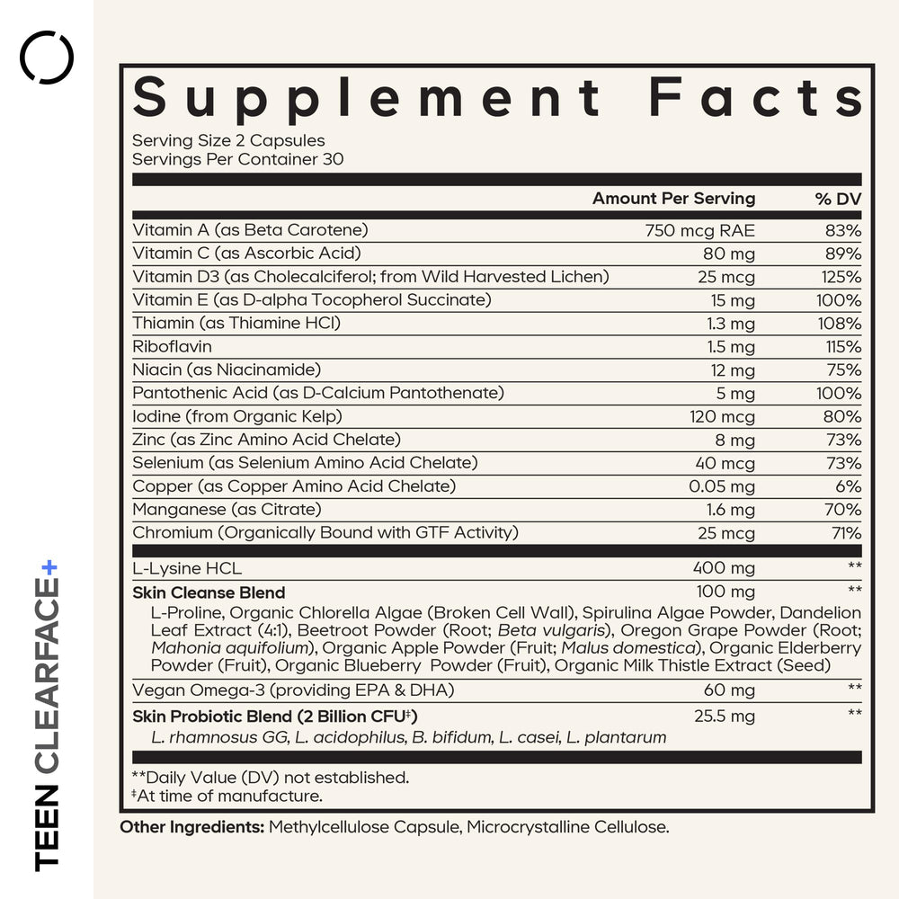 Codeage Teen Clearface capsules close up illustrating teen vitamin skincare