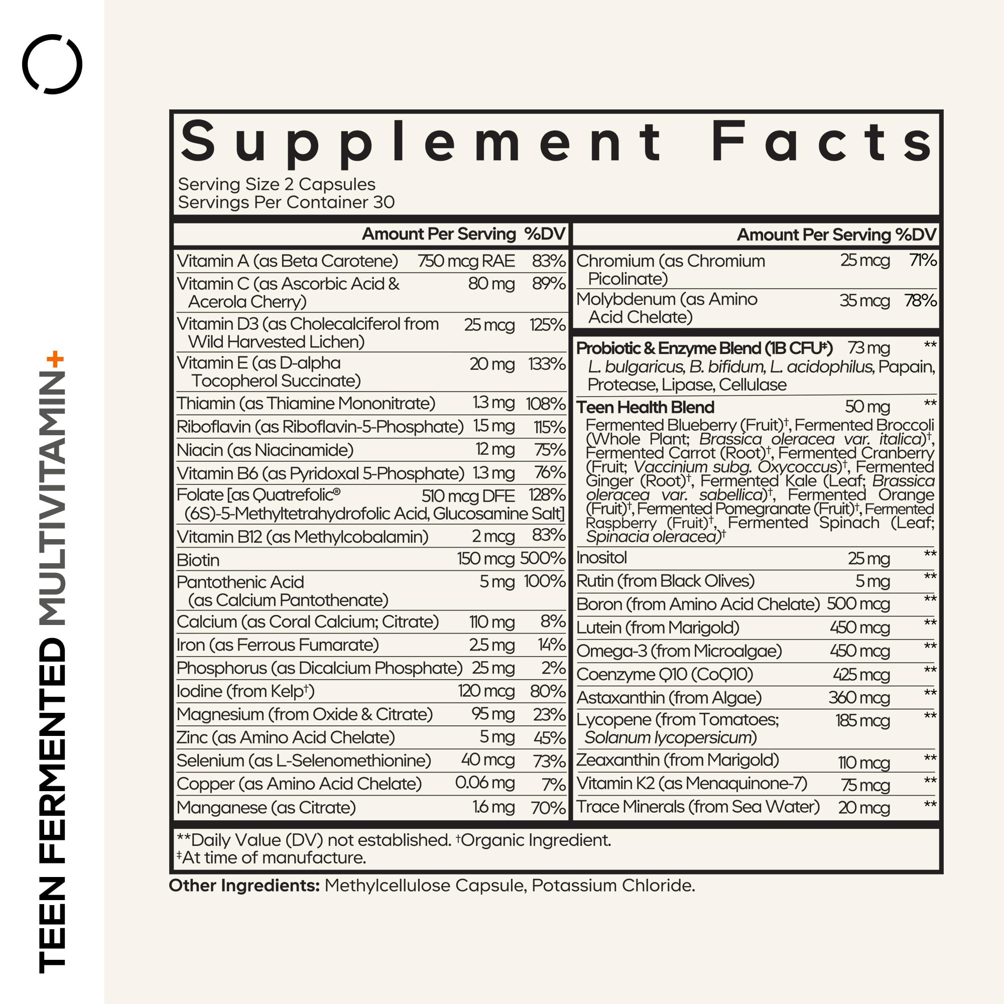 Codeage Teen Multivitamin bottle back listing 25+ vitamins and minerals