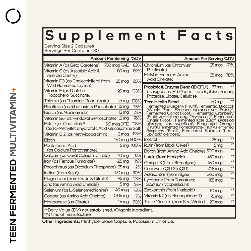 Codeage Teen Multivitamin bottle back listing 25+ vitamins and minerals