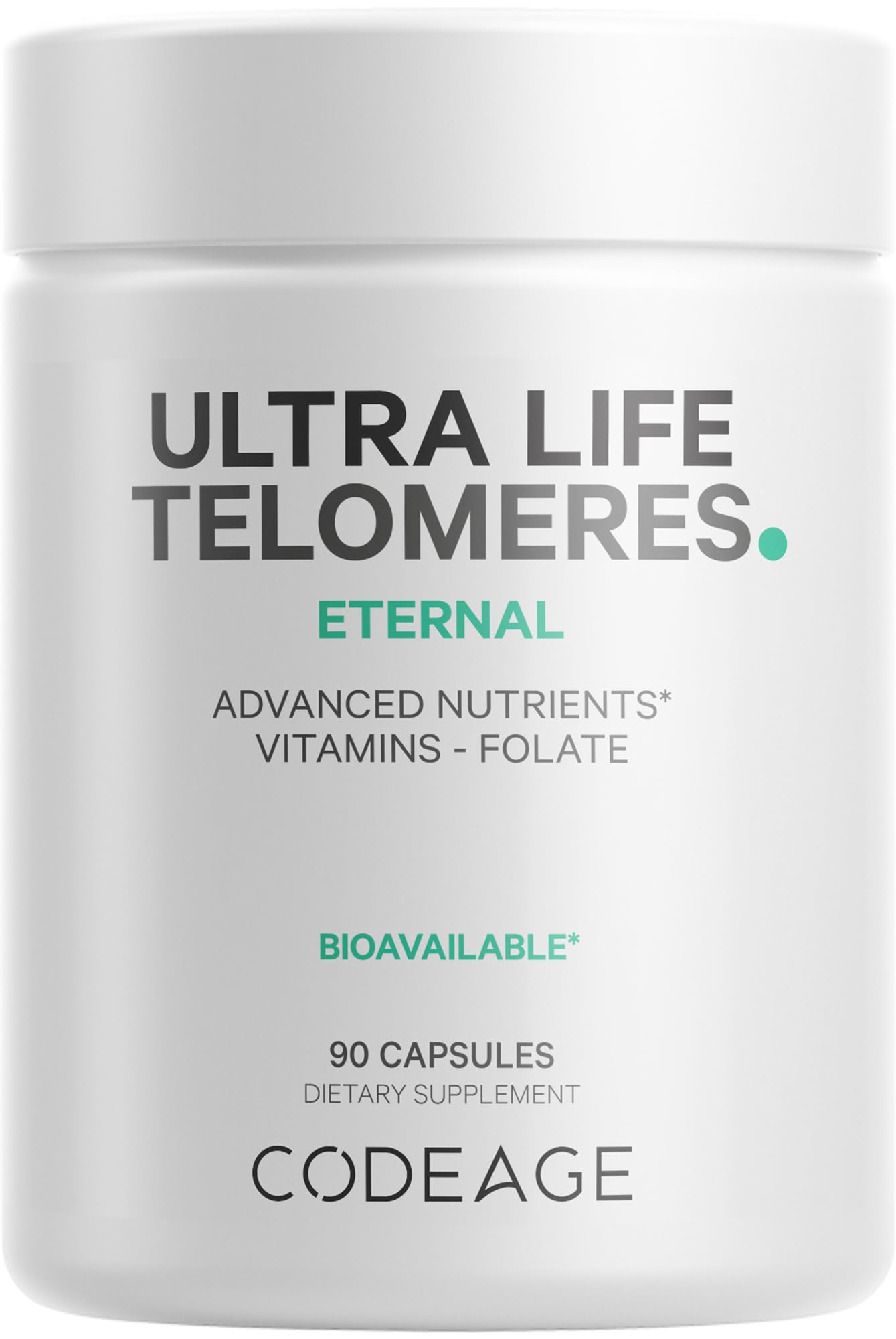 Codeage Ultra Life Telomeres packaging front, premium bottle for daily supplementation supporting vitality
