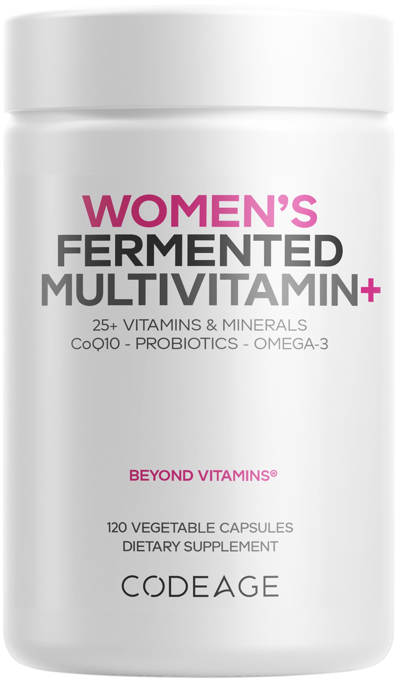 Codeage Women's Daily Multivitamin bottle front with 25+ nutrients for daily energy