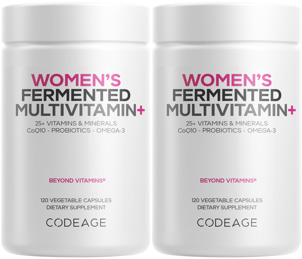 Codeage Women’s Daily Multivitamin bottle shown, highlighting daily wellness and fermented nutrients.
