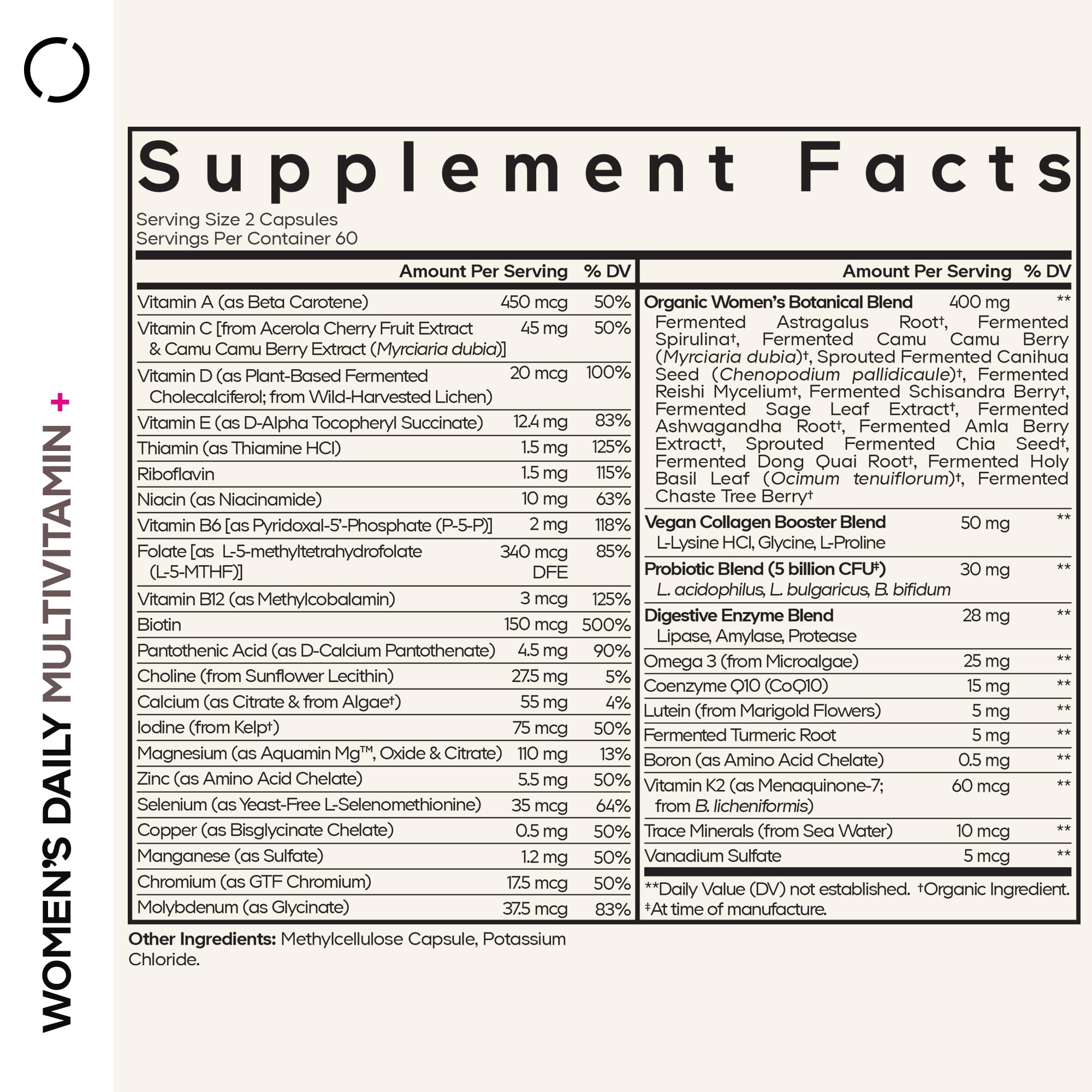 Codeage Women's Daily Multivitamin label back detailing vegan, gluten-free ingredients